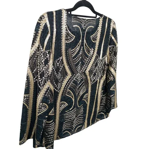 Chico's Sheer Open Jacket Travelers Collection Gold Black Geometric SZ L Sequin - Picture 2 of 11